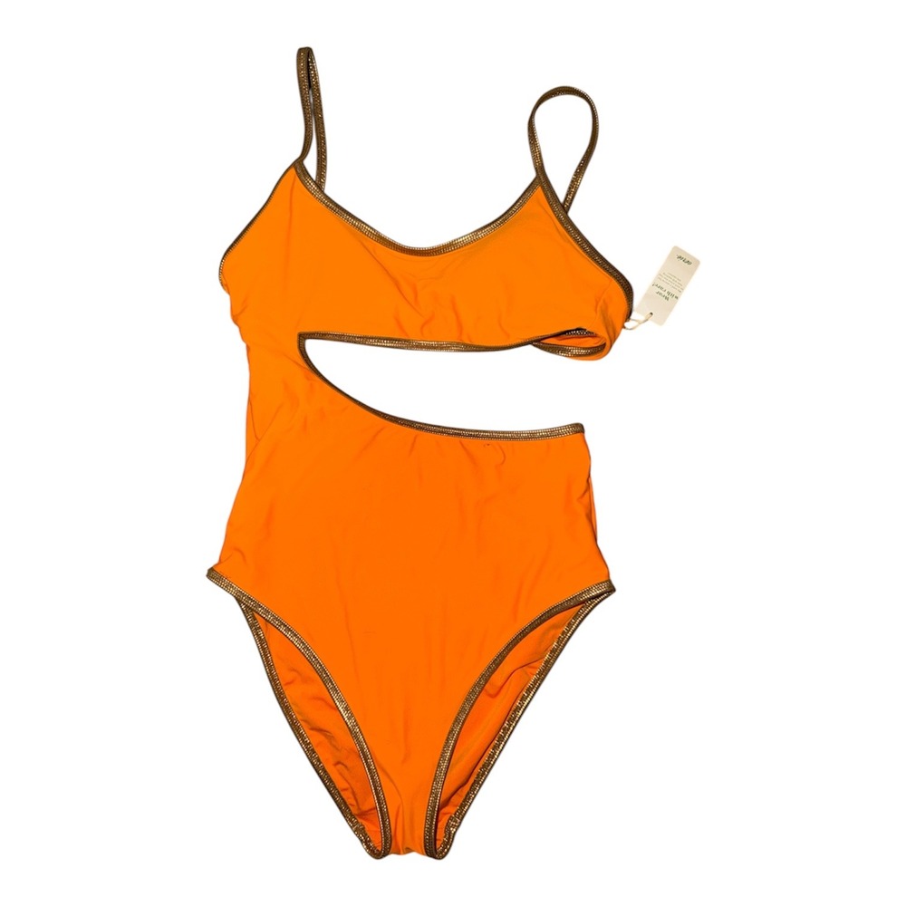 Aerie Orange/Gold One Piece Cutout Swimsuit, Small - Picture 2 of 8